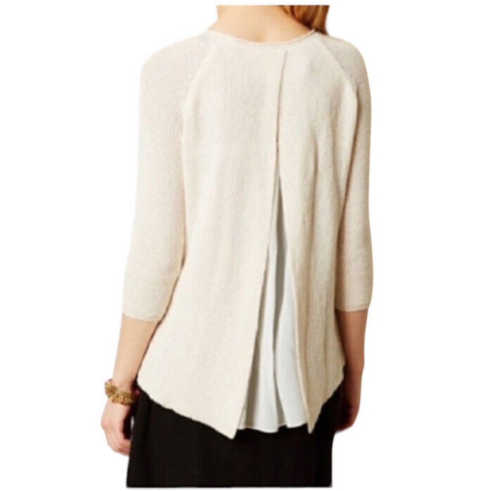 Anthropologie Moth Split Back Cream Knit Sheer Sweater Small 3/4 sleeves neutral